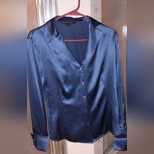 Lafayette 148 Size 2 Silk Charmeuse Blouse Deep Blue French cuffs